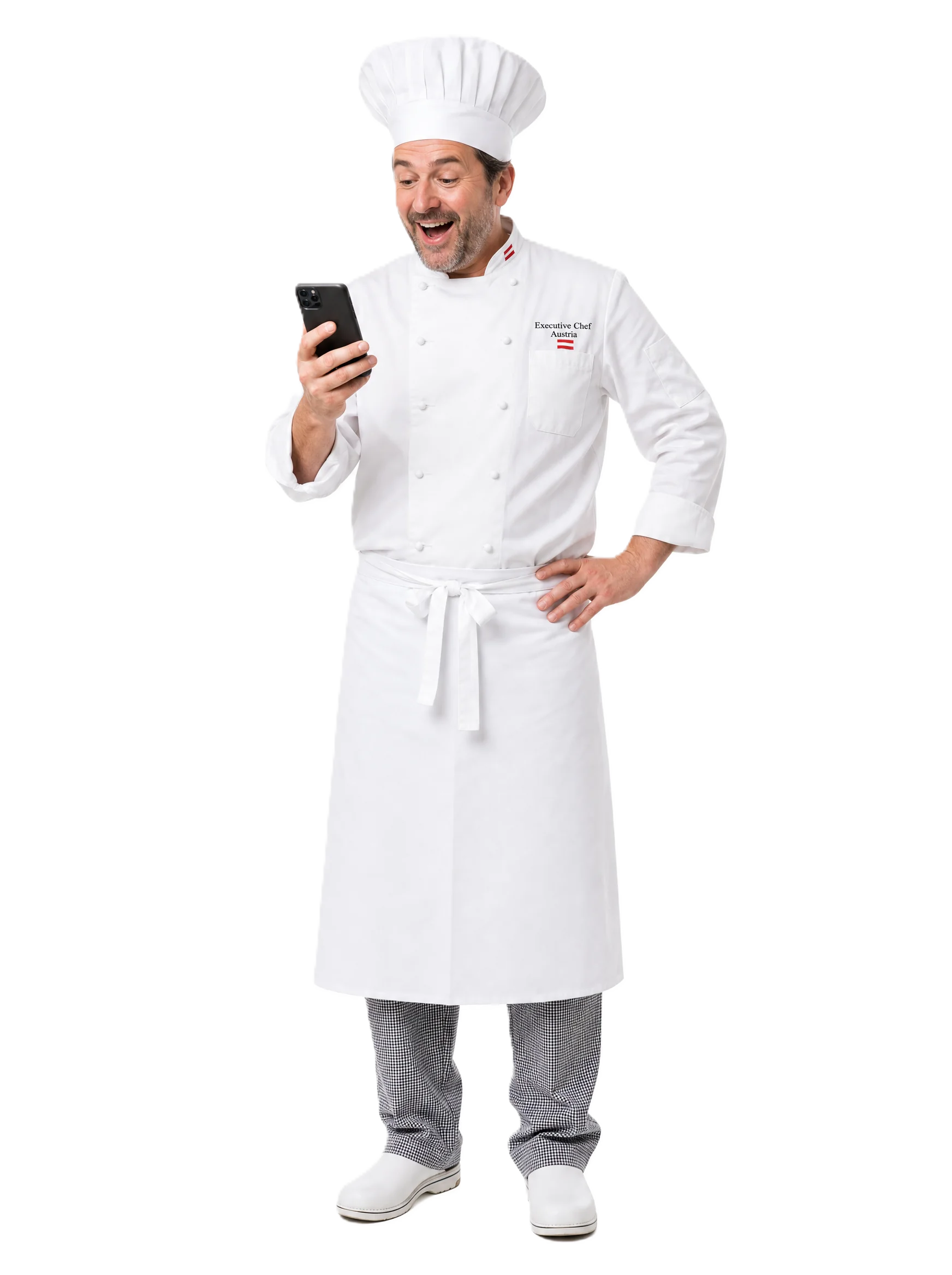 Chef mit Handy - überrascht über die Bestellungen